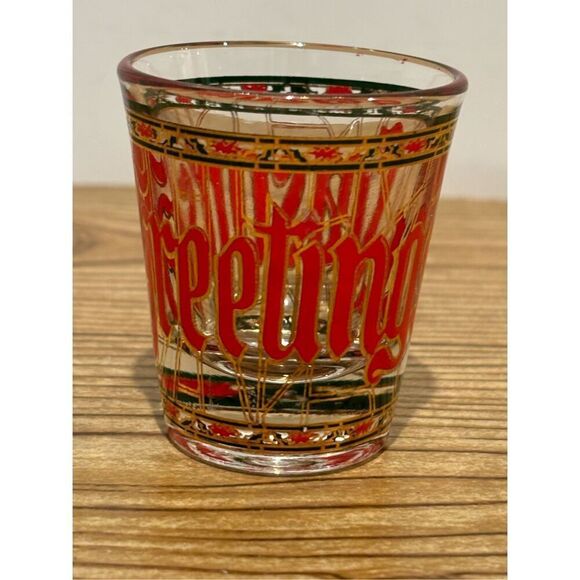 Seasons Greetings Stained Glass Christmas Shot Glass -Holly/Poinsettias/Gold Rim - Picture 3 of 6